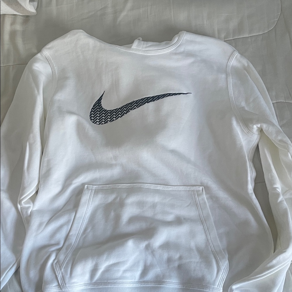 Nike White Pullover Sweatshirt with Black Swoosh Pattern